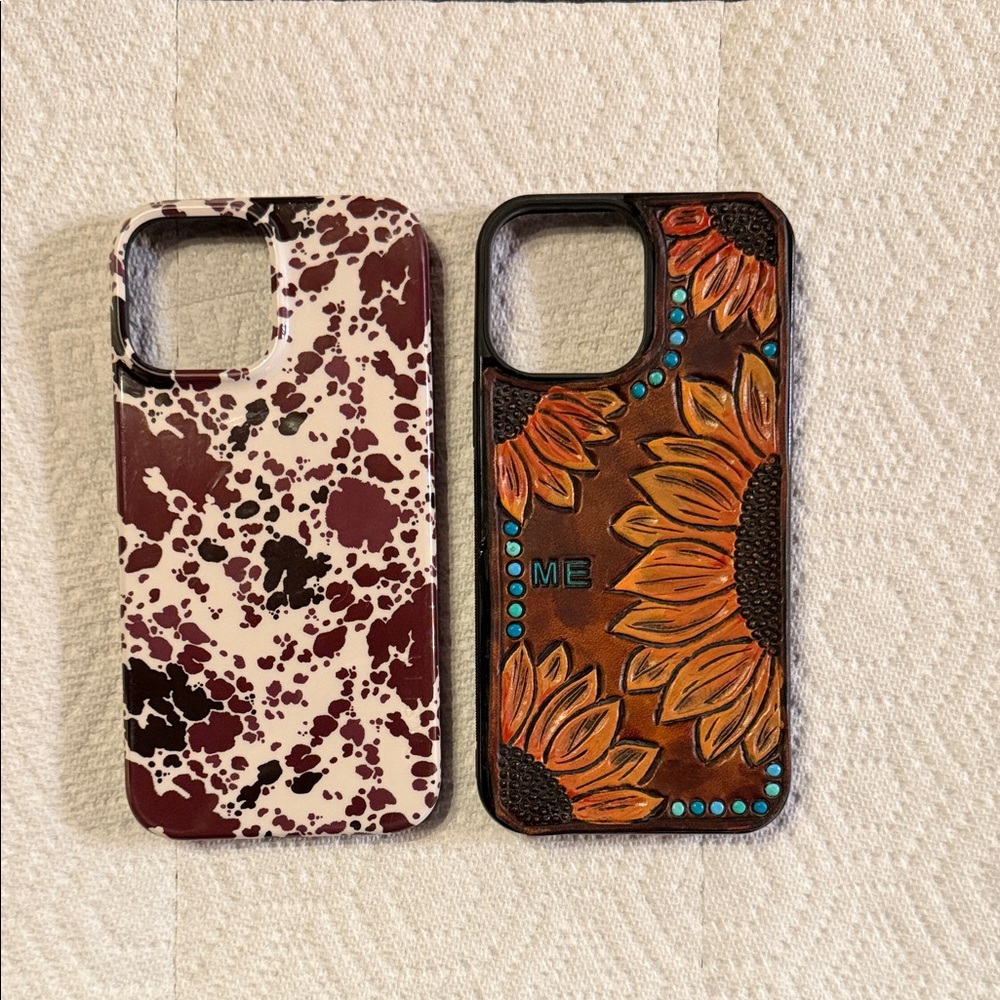 iPhone 13 Pro Max Leather Sunflower and Cow Print Mag Safe Phone Case Set